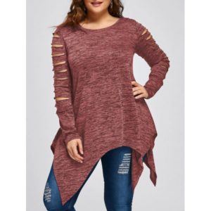 Plus Size Marled Ripped Sleeve Handkerchief Top - Russet-red