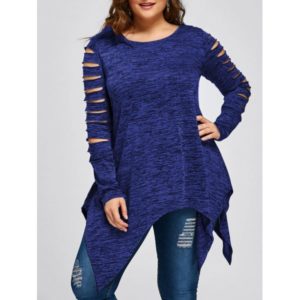 Plus Size Marled Ripped Sleeve Handkerchief Top - Blue