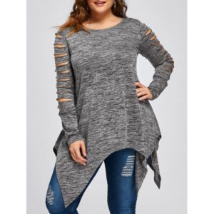 Plus Size Marled Ripped Sleeve Handkerchief Top - Heather