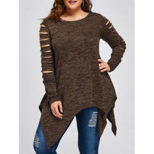 Plus Size Marled Ripped Sleeve Handkerchief Top - Coffee