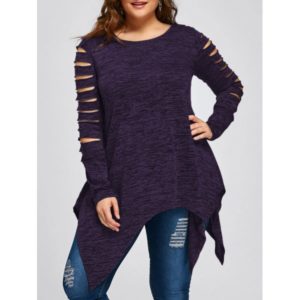 Plus Size Marled Ripped Sleeve Handkerchief Top - Purple