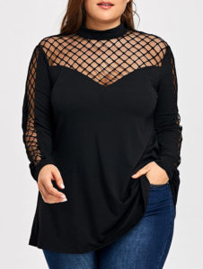 Plus Size Long Sleeve Lattice Cut T-shirt - Black