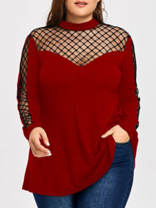 Plus Size Long Sleeve Lattice Cut T-shirt - Burgundy