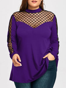 Plus Size Long Sleeve Lattice Cut T-shirt - Purple