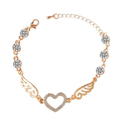 Rhinestone Heart Angel Wings Bracelet - Gold