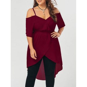 Plus Size Open Shoulder Long High Low Chiffon Top - Wine Red