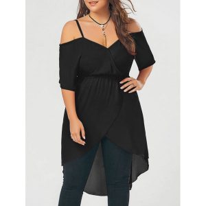 Plus Size Open Shoulder Long High Low Chiffon Top - Black