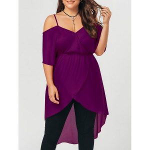 Plus Size Open Shoulder Long High Low Chiffon Top - Purple