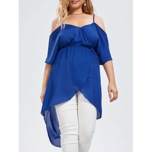 Plus Size Open Shoulder Long High Low Chiffon Top - Blue