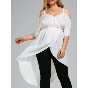 Plus Size Open Shoulder Long High Low Chiffon Top - White