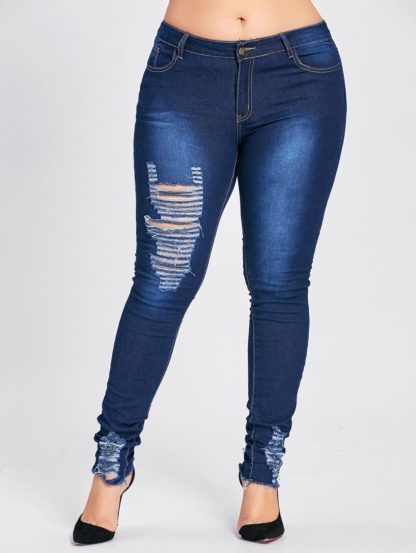 Plus Size Hole Destroyed High Waist Jeans - Cerulean