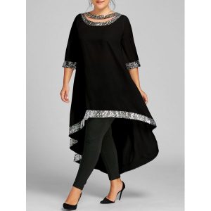 Plus Size Sequined Trim Dip Hem Dress - Black