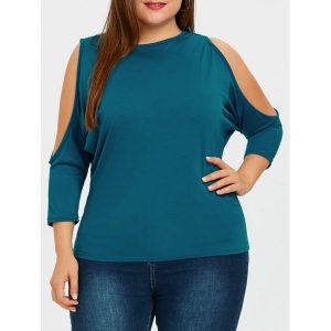 Plus Size Dolman Sleeve Open Shoulder T-shirt - Peacock Blue