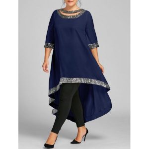 Plus Size Sequined Trim Dip Hem Dress - Purplish Blue