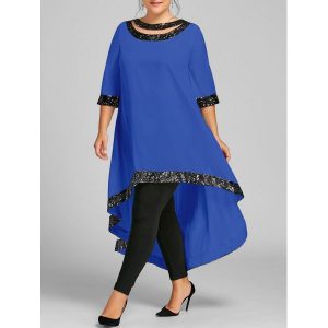 Plus Size Sequined Trim Dip Hem Dress - Royal