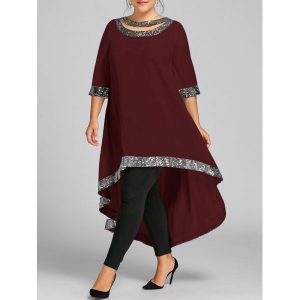 Plus Size Sequined Trim Dip Hem Dress - Wine Red