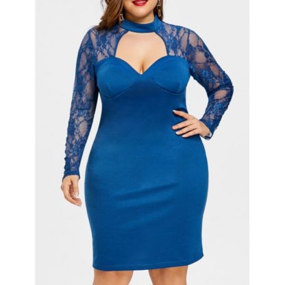 Plus Size Lace Panel Bodycon Dress - Blue