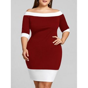 Color Trim Plus Size Off Shoulder Sheath Dress - Wine Red