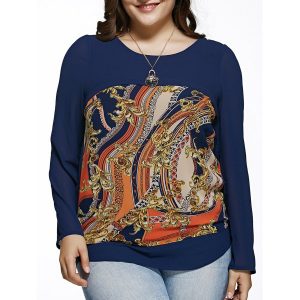 Oversized Chic Long Sleeve Abstract Print Blouse - Blue