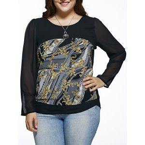 Oversized Chic Long Sleeve Abstract Print Blouse - Black