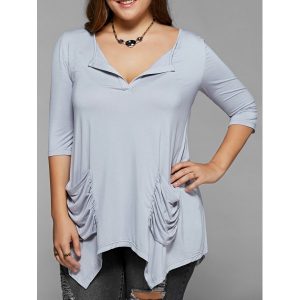 Ruched Pockets Asymmetrical Blouse - Light Gray