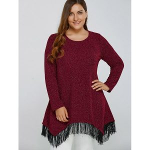 Asymmetric Gilding Fringed Blouse - Deep Red