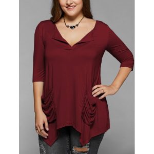 Ruched Pockets Asymmetrical Blouse - Wine Red