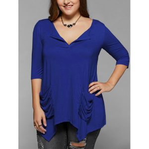 Ruched Pockets Asymmetrical Blouse - Royal Blue