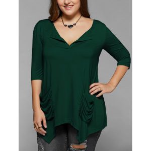 Ruched Pockets Asymmetrical Blouse - Deep Green