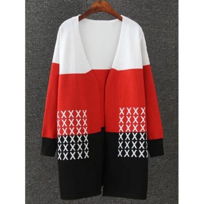 Color Splicing Cross Pattern Knitted Cardigan - Black And White And Red