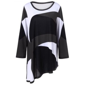 Plus Size Abstract Print Asymmetrical T-Shirt - White And Black