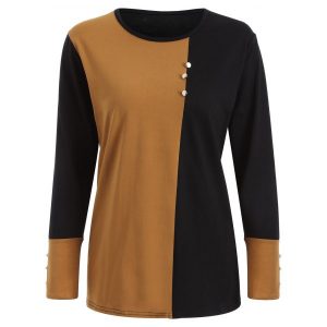 Plus Size Panel T-Shirt with Buttons - Light Coffee