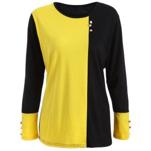 Plus Size Panel T-Shirt with Buttons - Yellow And Black