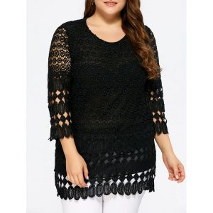 Lace Insert Plus Size Blouse - Black