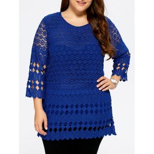 Lace Insert Plus Size Blouse - Blue