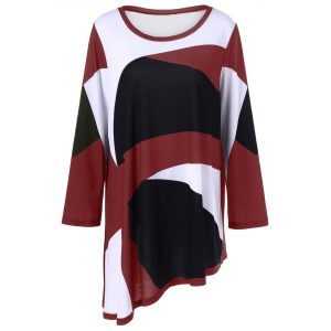 Plus Size Abstract Print Asymmetrical T-Shirt - Red