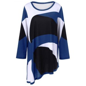 Plus Size Abstract Print Asymmetrical T-Shirt - Blue