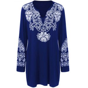 Plus Size Printed Longline Tee - Deep Blue