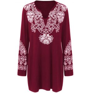 Plus Size Printed Longline Tee - Burgundy