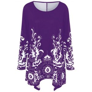 Plus Size Floral Print Asymmetric T-Shirt - Purple