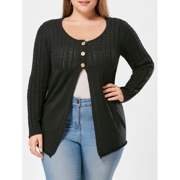 Plus Size Button Detail Cable Knit Cardigan - Black - Big and Sexy ...