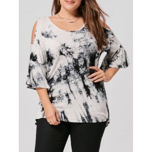 Open Shoulder Plus Size Tie Dye Top - White And Black