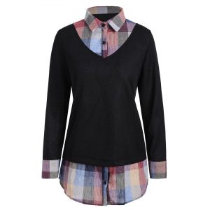 Checked Panel Plus Size Sweater - Black