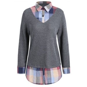 Checked Panel Plus Size Sweater - Light Gray