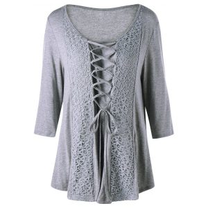 Plus Size Lace Panel Lace Up T-shirt - Gray