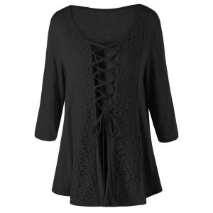 Plus Size Lace Panel Lace Up T-shirt - Black