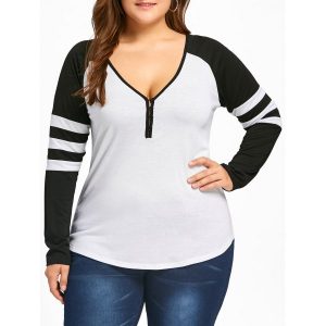 Plus Size Two Tone Stripes Raglan Sleeves T-shirt - Black and White