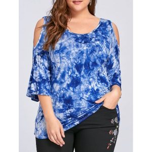 Open Shoulder Plus Size Tie Dye Top - Blue And White