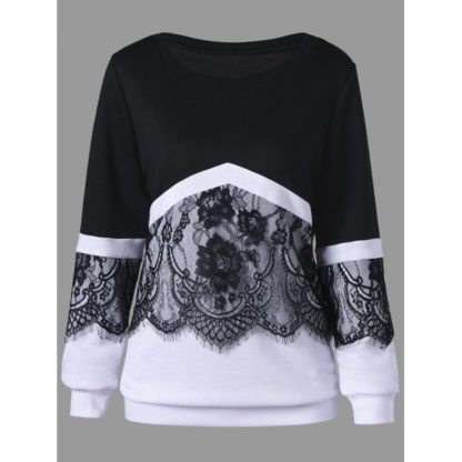 Plus Size Eyelash Lace Trim Two Tone Sweatshirt - White And Black