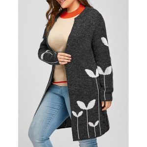 Plus Size Sprout Jacquard Drop Shoulder Cardigan - Deep Gray